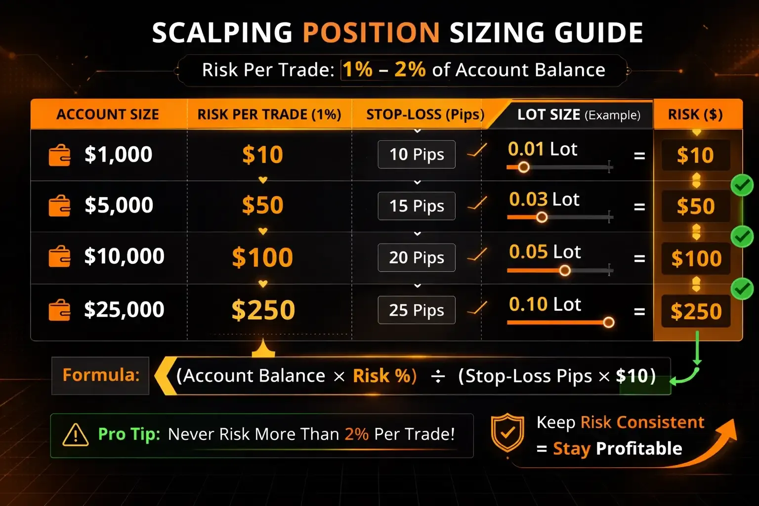 Scalping position sizing infographic showing risk per trade and lot sizes for account sizes from 00 to 000 - MonkeyTrade Scalping position sizing infographic showing risk per trade and lot sizes for account sizes from 00 to 000