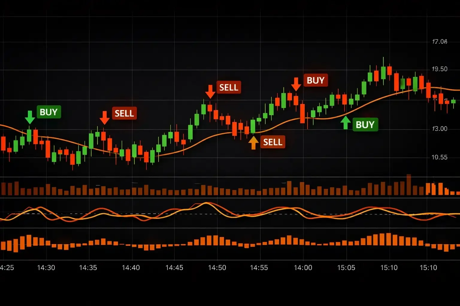 Scalping trading screen showing multiple quick trades on a 1-minute chart with entry and exit points marked - MonkeyTrade Scalping trading screen showing multiple quick trades on a 1-minute chart with entry and exit points marked