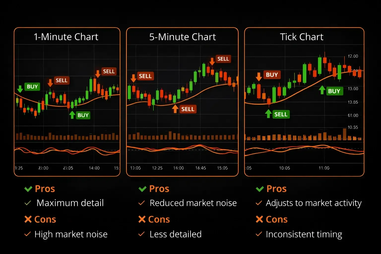 Side-by-side comparison of 1-minute 5-minute and tick charts showing the same price period with pros and cons labeled - MonkeyTrade Side-by-side comparison of 1-minute 5-minute and tick charts showing the same price period with pros and cons labeled