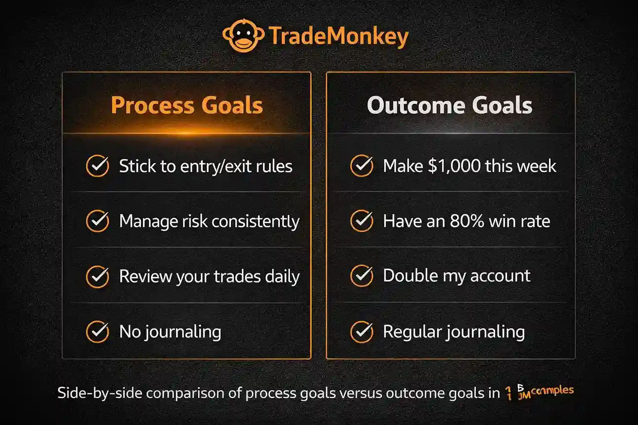 Side-by-side comparison of process goals versus outcome goals in trading with examples of each - MonkeyTrade Side-by-side comparison of process goals versus outcome goals in trading with examples of each