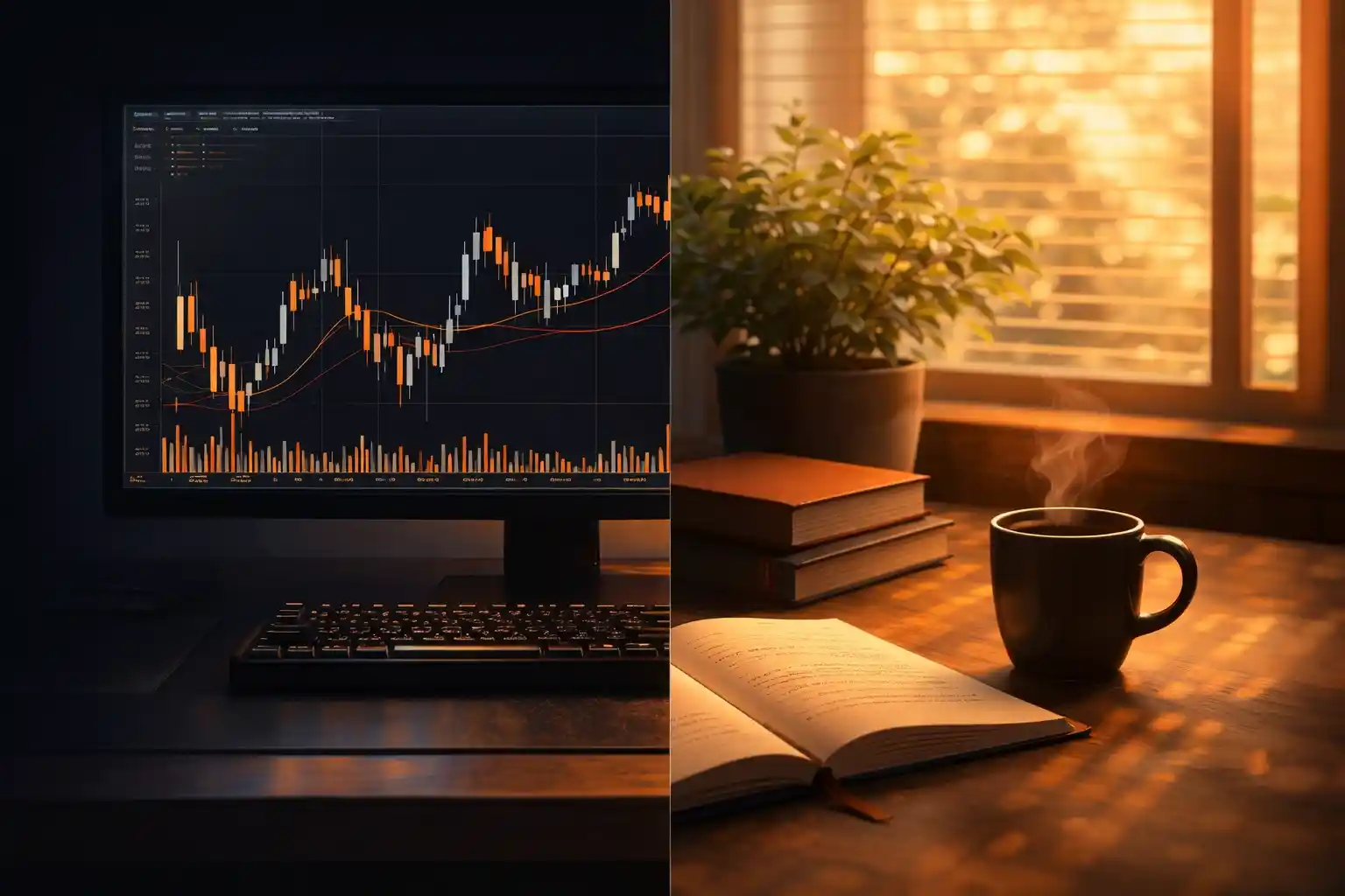 Split workspace showing trading screens alongside personal life elements like coffee books and greenery representing trading work-life balance
