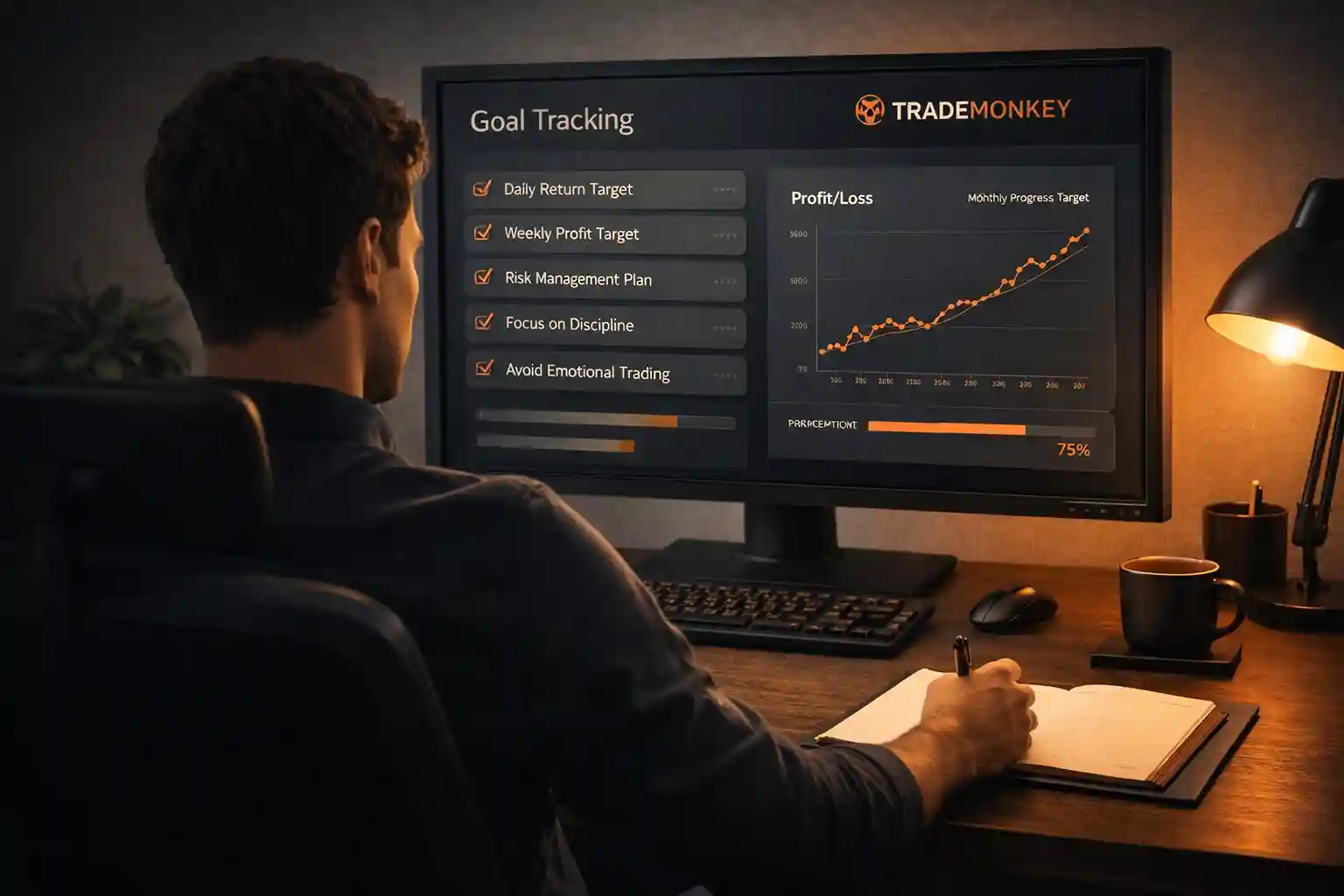 Trader reviewing a goal-tracking dashboard on a monitor while planning their trading strategy
