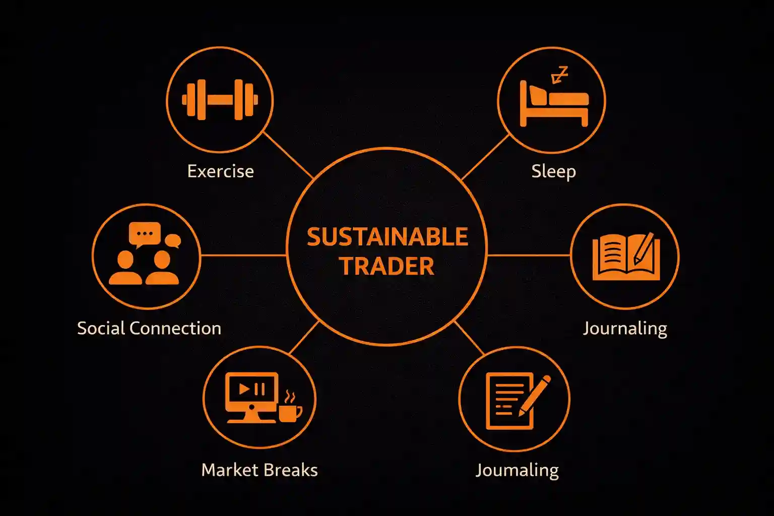 Visual diagram of wellness habits for sustainable trading including exercise sleep journaling social connection and market breaks