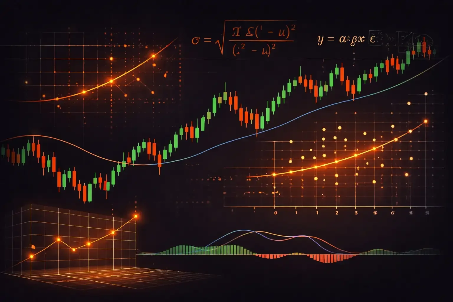 Visual representation of quantitative trading showing financial charts overlaid with mathematical formulas and data analysis elements