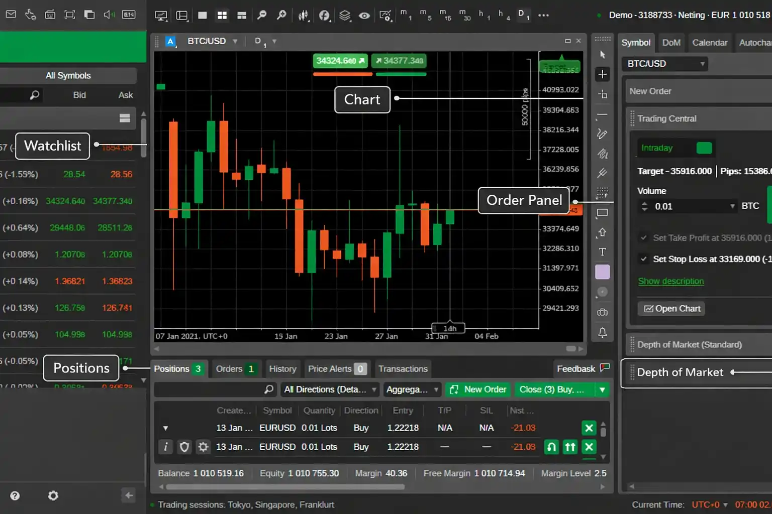 cTrader trading platform interface showing depth of market panel and detachable chart windows