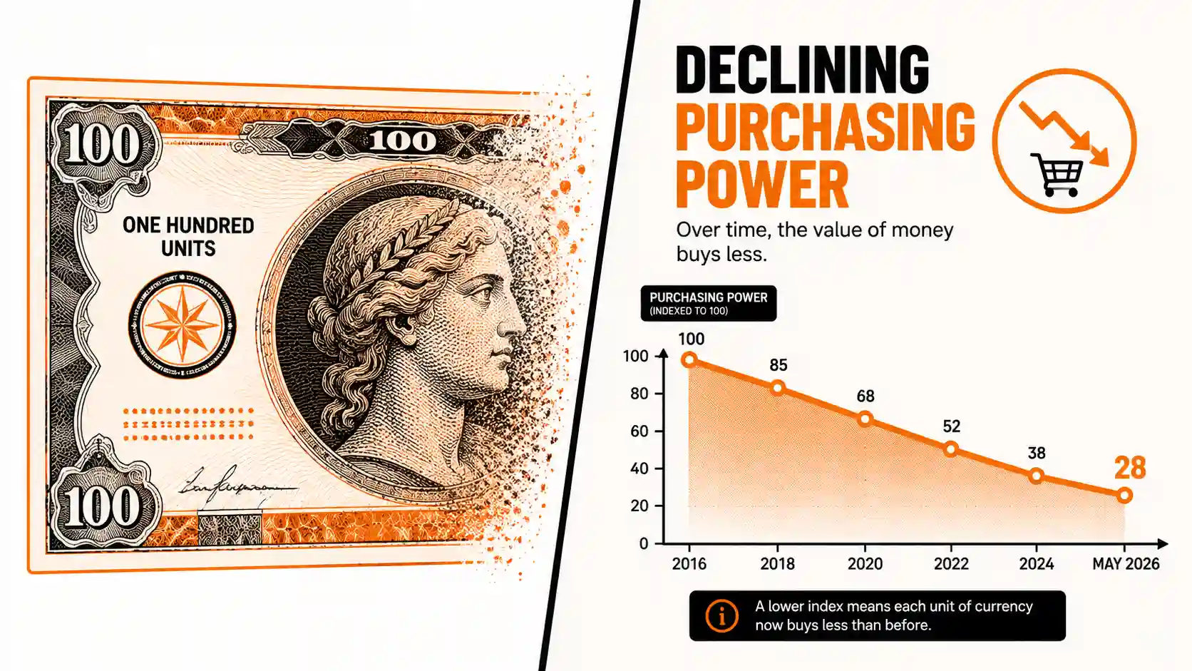 Chart showing currency debasement signs including declining purchasing power over time