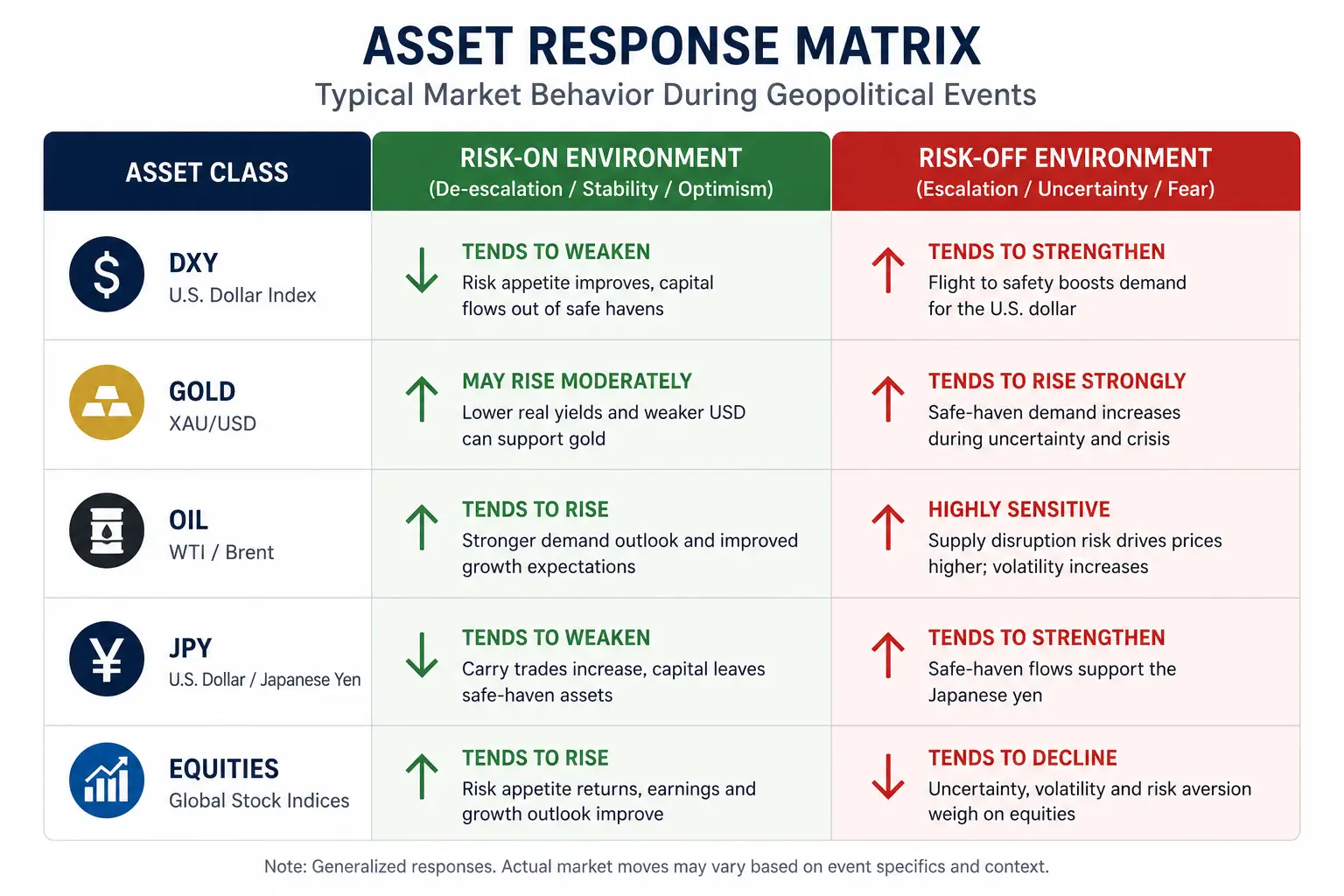 Asset class response matrix showing risk-on and risk-off behavior during geopolitical events - MonkeyTrade Asset class response matrix showing risk-on and risk-off behavior during geopolitical events