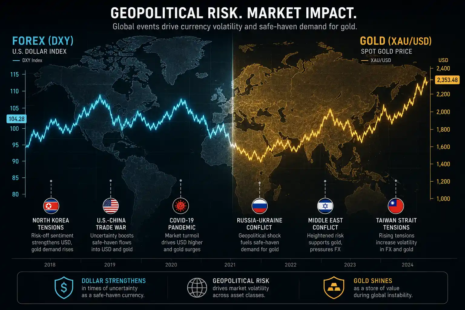Geopolitical risk trading - world map overlaid with forex and gold market chart lines - MonkeyTrade Geopolitical risk trading - world map overlaid with forex and gold market chart lines