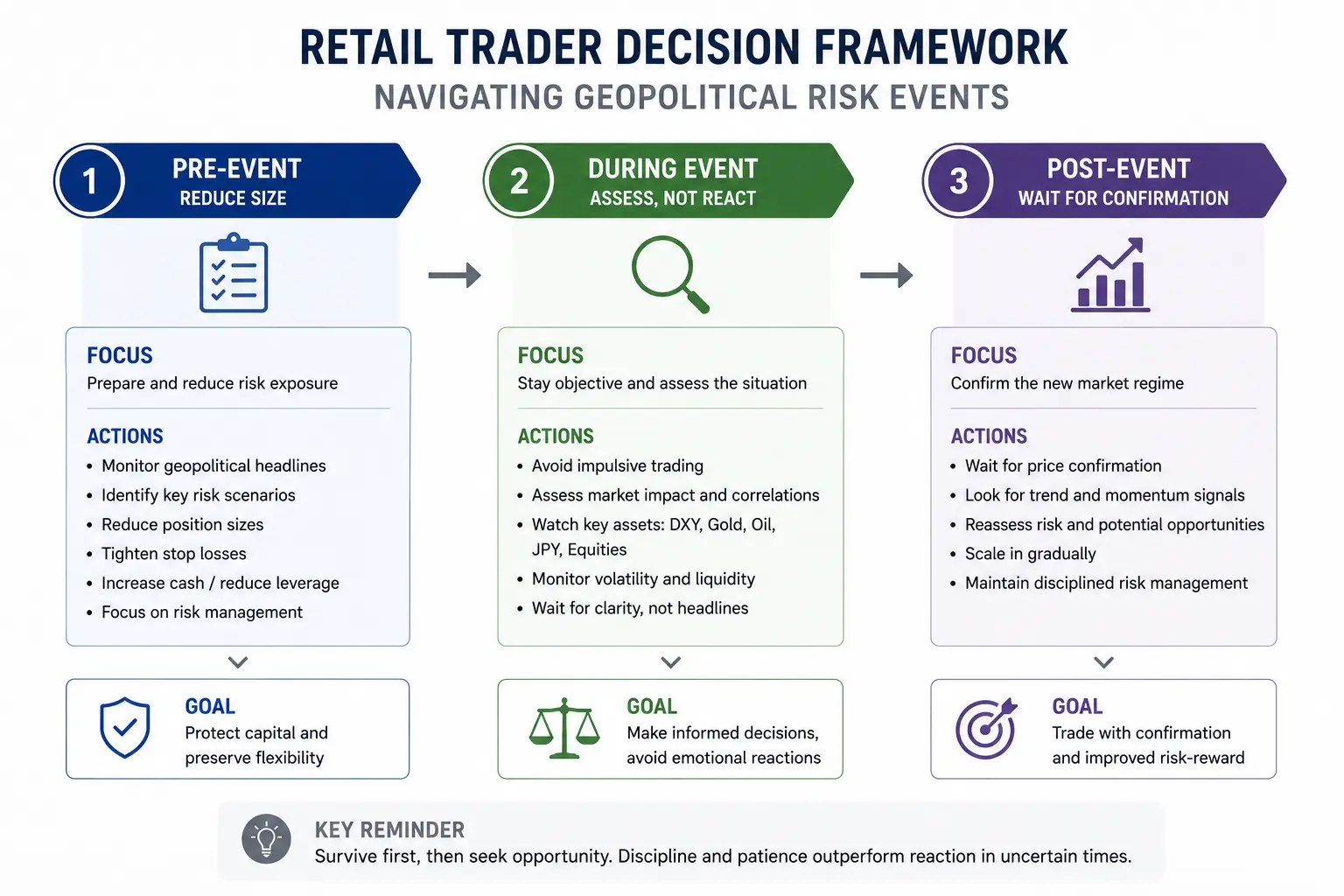 Retail trader decision framework for geopolitical risk events - three-phase positioning diagram - MonkeyTrade Retail trader decision framework for geopolitical risk events - three-phase positioning diagram