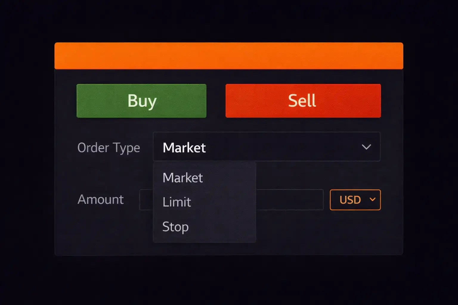 Simplified trading platform interface showing order entry panel with buy and sell buttons and order type dropdown menu - MonkeyTrade Simplified trading platform interface showing order entry panel with buy and sell buttons and order type dropdown menu