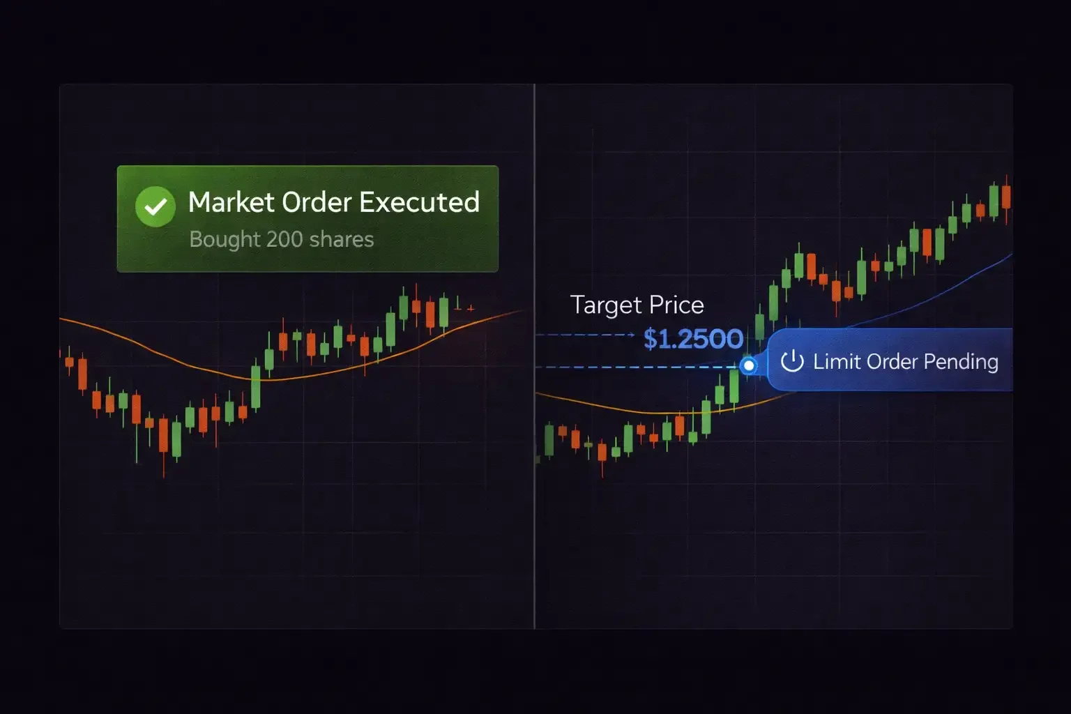 Split-screen comparison showing instant market order execution versus a pending limit order at a target price on a trading chart