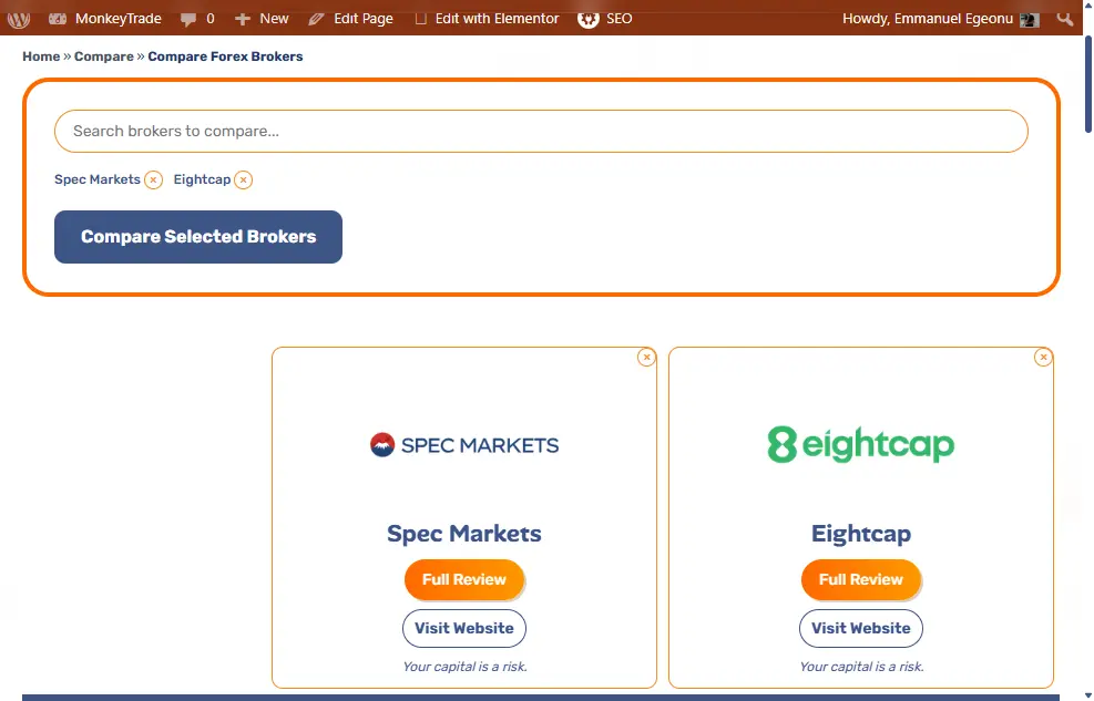 Screenshot of the MonkeyTrade forex broker comparison page with broker selection options visible - MonkeyTrade Screenshot of the MonkeyTrade forex broker comparison page with broker selection options visible