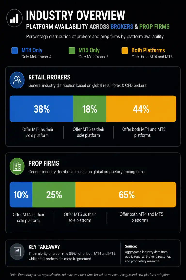 Chart showing broker and prop firm platform availability for MT4 and MT5 - MonkeyTrade Chart showing broker and prop firm platform availability for MT4 and MT5
