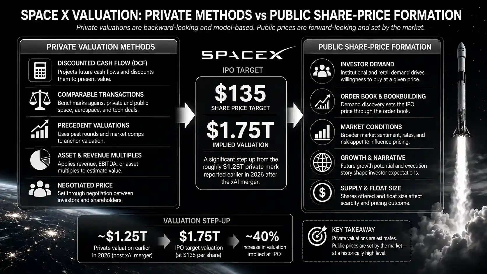 Diagram comparing private SpaceX valuation methods with public share price formation - MonkeyTrade Diagram comparing private SpaceX valuation methods with public share price formation