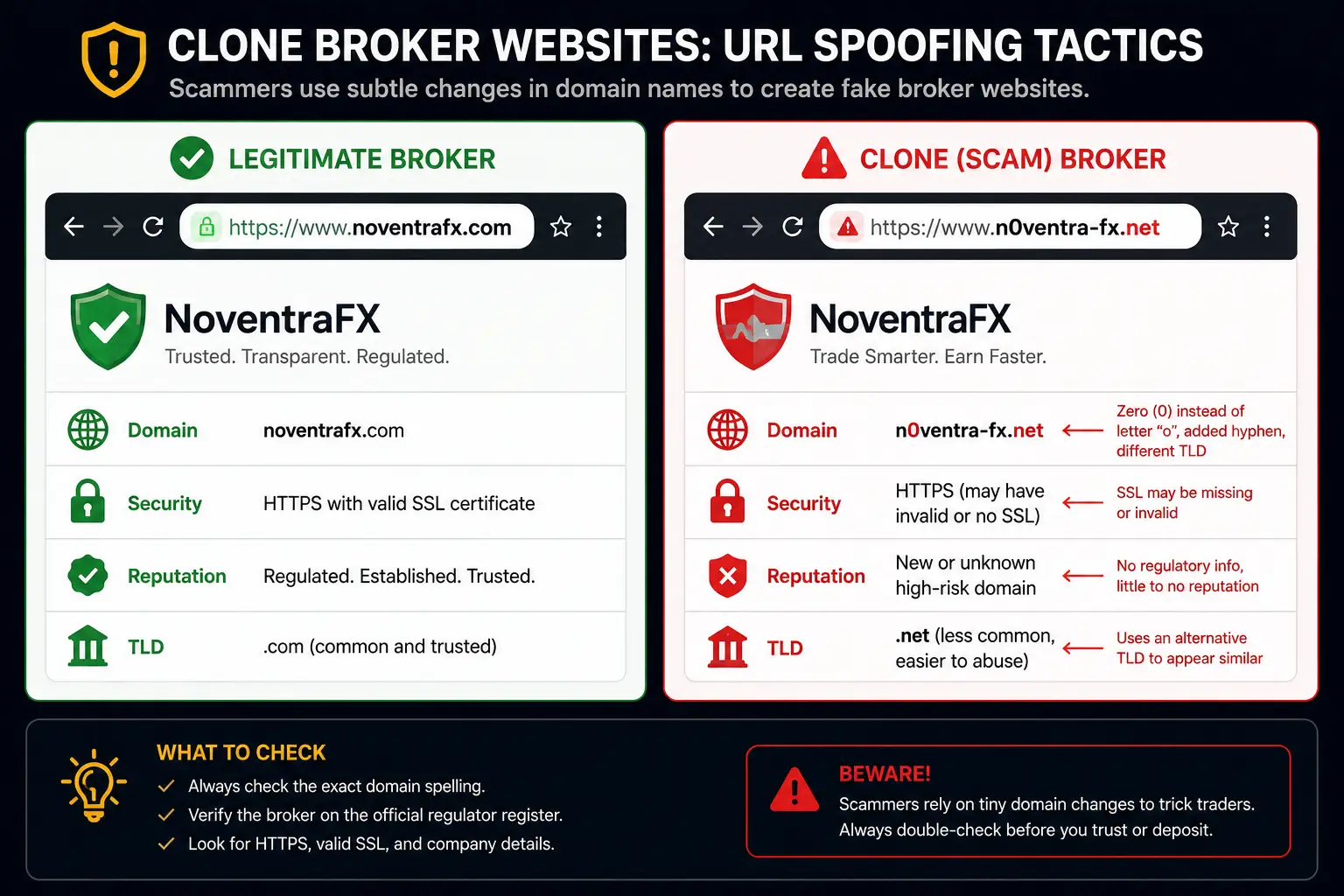 Clone broker website URL comparison showing domain spoofing tactics used in forex scams
