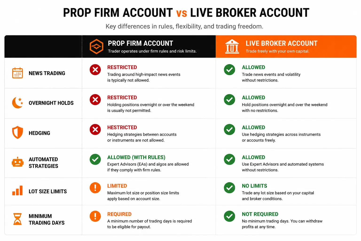 Comparison table of trading restrictions between prop firm accounts and live broker accounts - MonkeyTrade Comparison table of trading restrictions between prop firm accounts and live broker accounts
