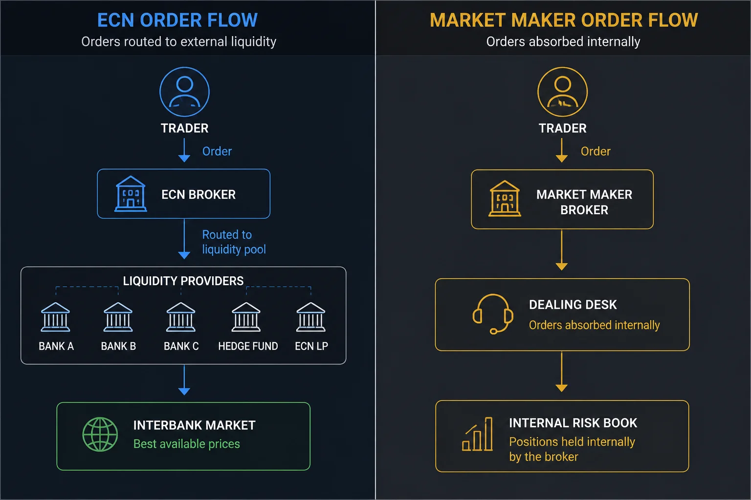 ECN vs market maker broker order flow diagram showing execution routing differences - MonkeyTrade ECN vs market maker broker order flow diagram showing execution routing differences