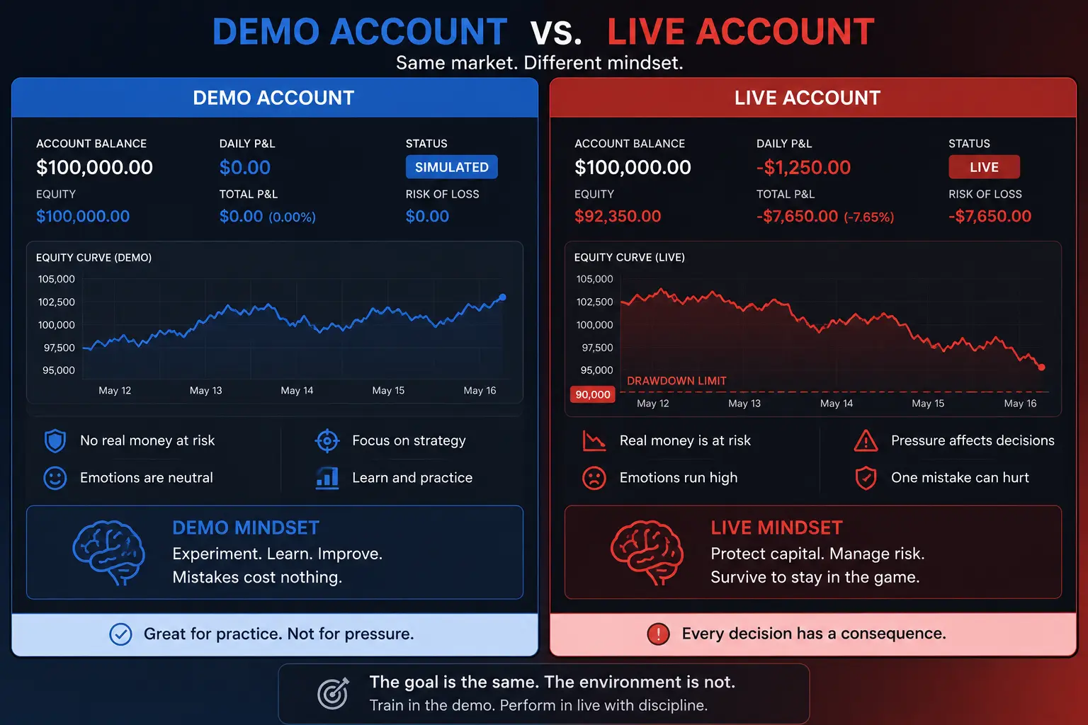 Demo account versus live trading account comparison showing real money P&L - MonkeyTrade Demo account versus live trading account comparison showing real money P&L
