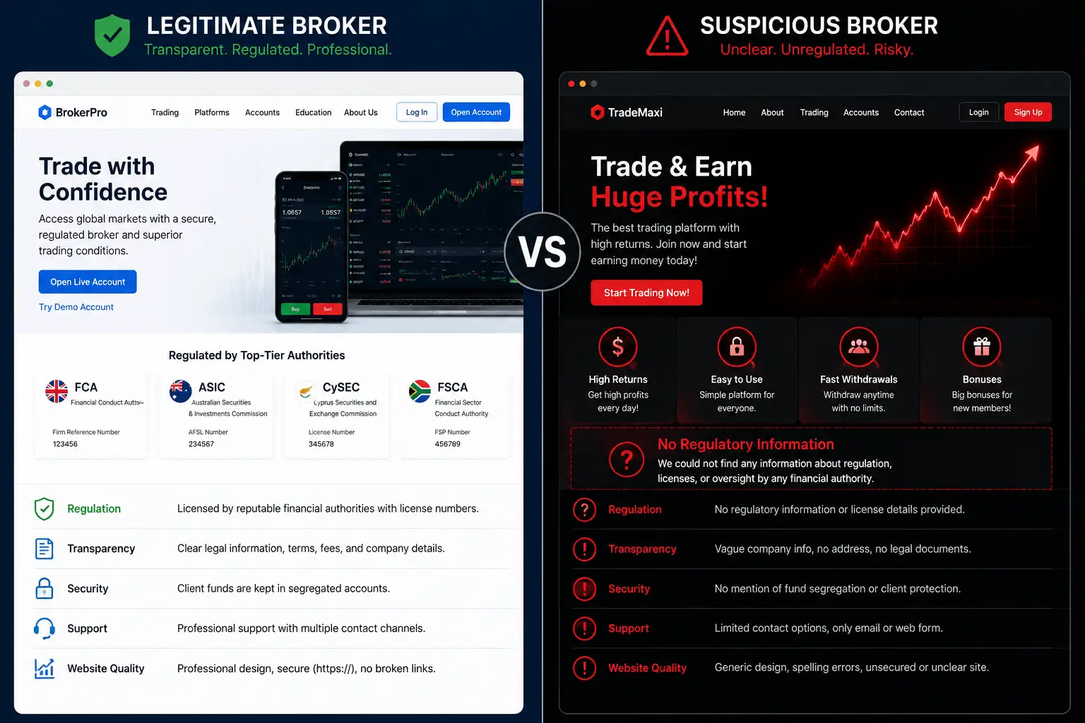 Forex broker scam warning signs - comparing legitimate and suspicious broker websites