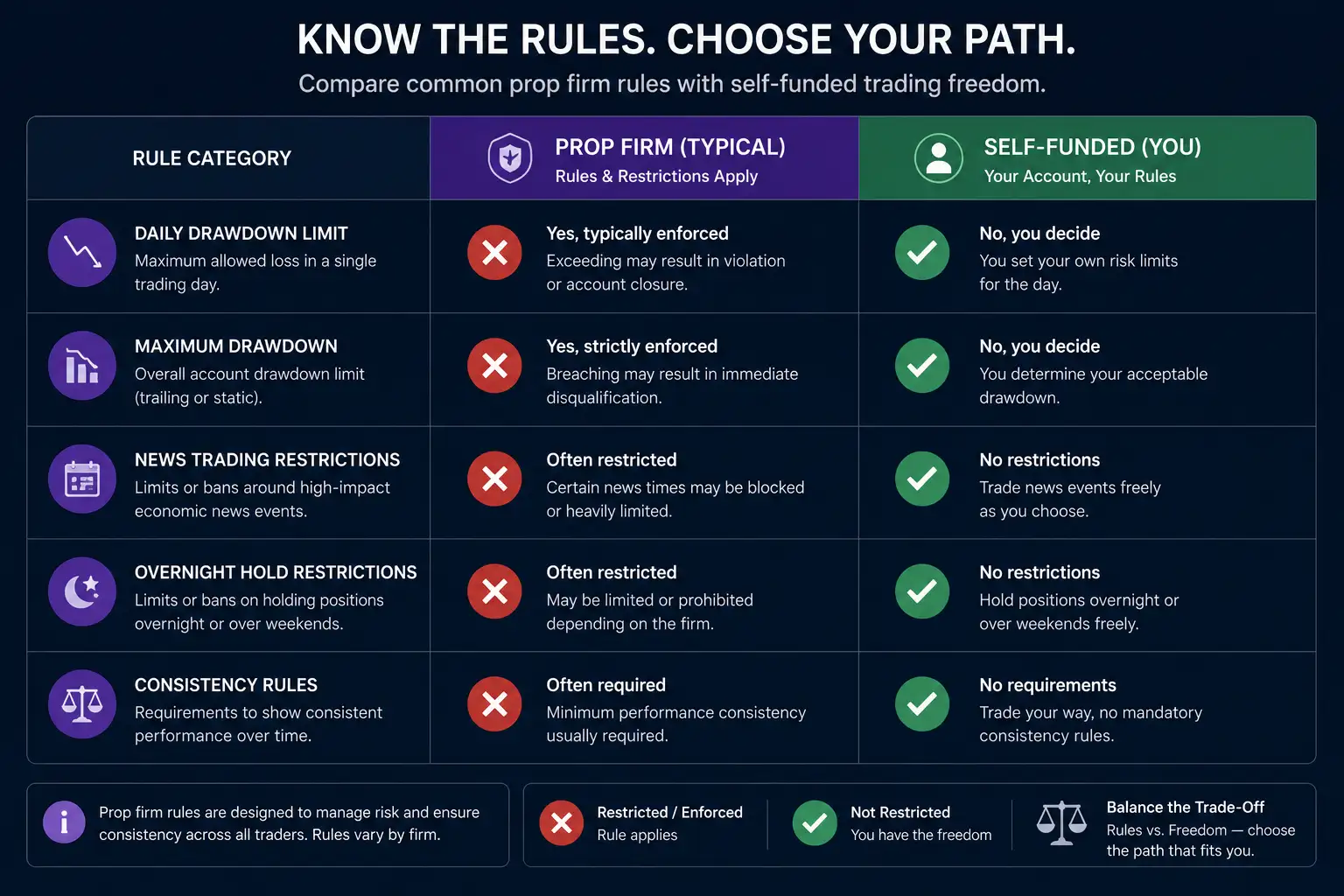 Diagram comparing prop firm trading rules versus self-funded trading freedom and restrictions - MonkeyTrade Diagram comparing prop firm trading rules versus self-funded trading freedom and restrictions