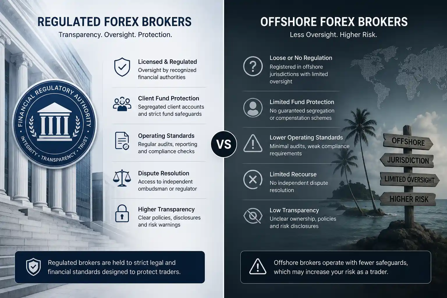Regulated vs offshore forex brokers comparison visual showing regulatory authority contrast - MonkeyTrade Regulated vs offshore forex brokers comparison visual showing regulatory authority contrast