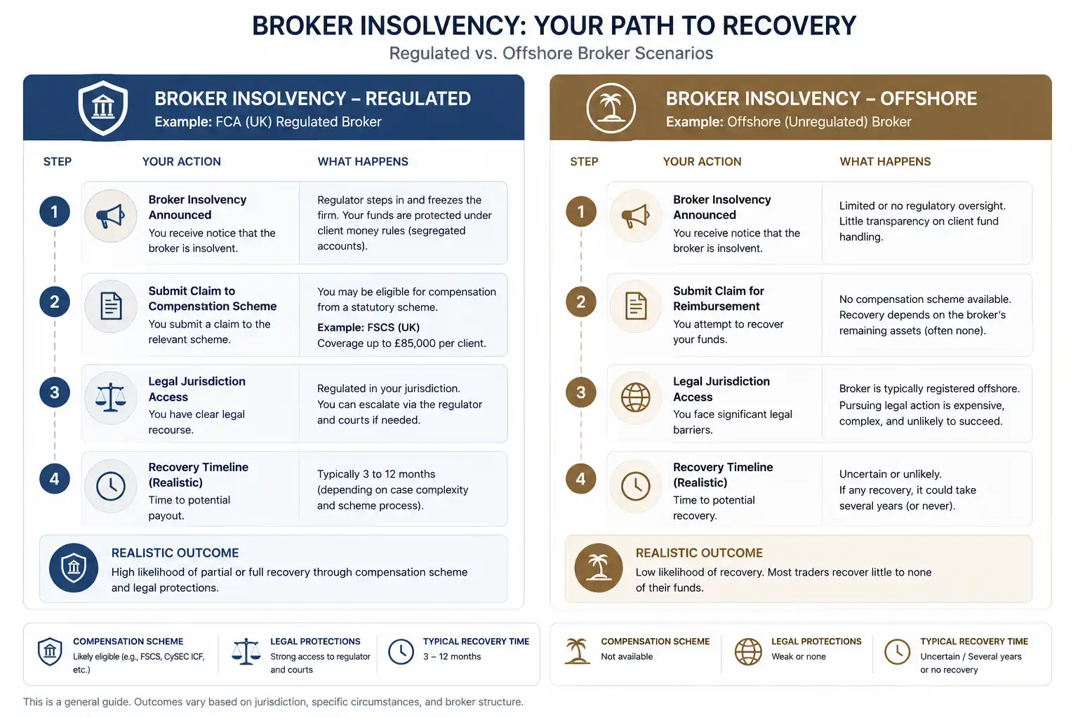 Fund recovery comparison diagram regulated broker insolvency vs offshore broker insolvency scenario - MonkeyTrade Fund recovery comparison diagram regulated broker insolvency vs offshore broker insolvency scenario
