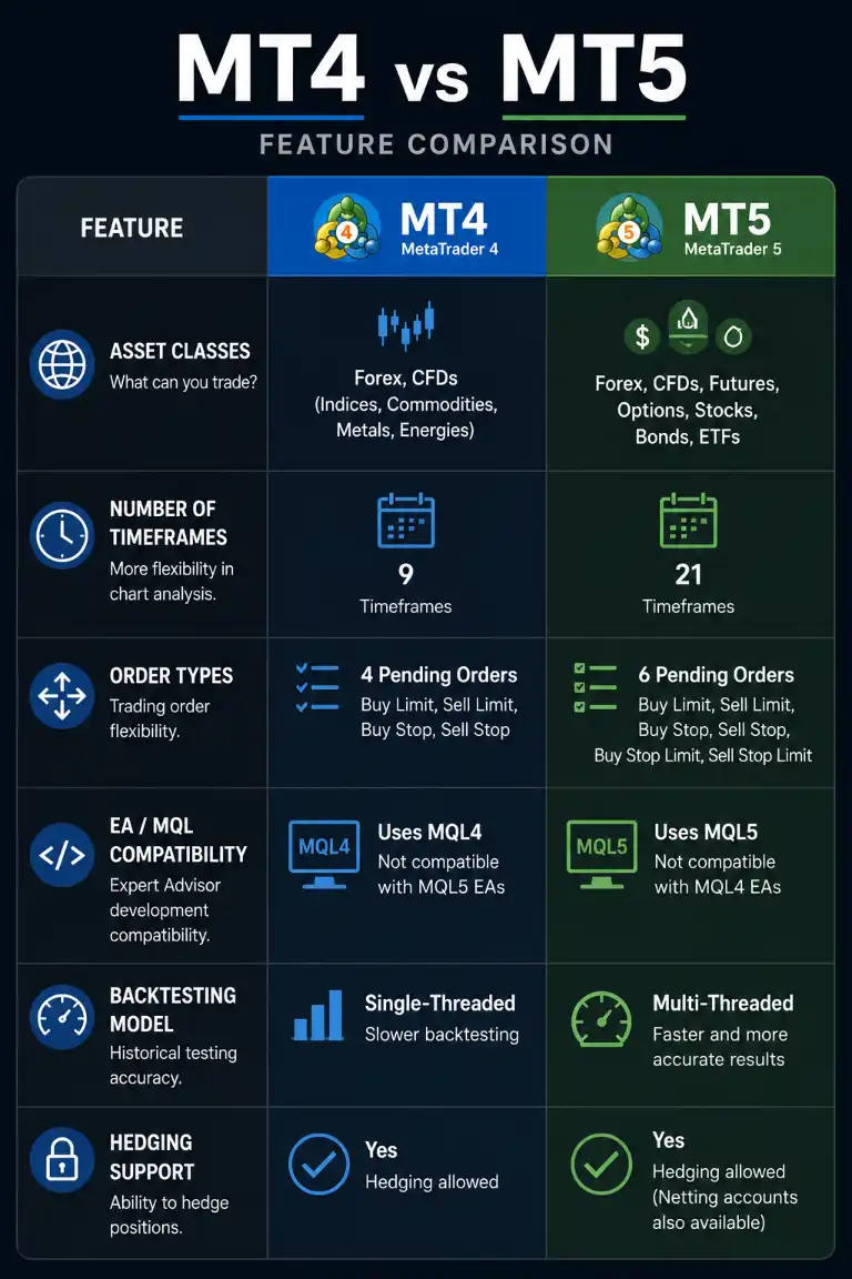 MT4 vs MT5 feature comparison table covering order types timeframes and EA compatibility - MonkeyTrade MT4 vs MT5 feature comparison table covering order types timeframes and EA compatibility