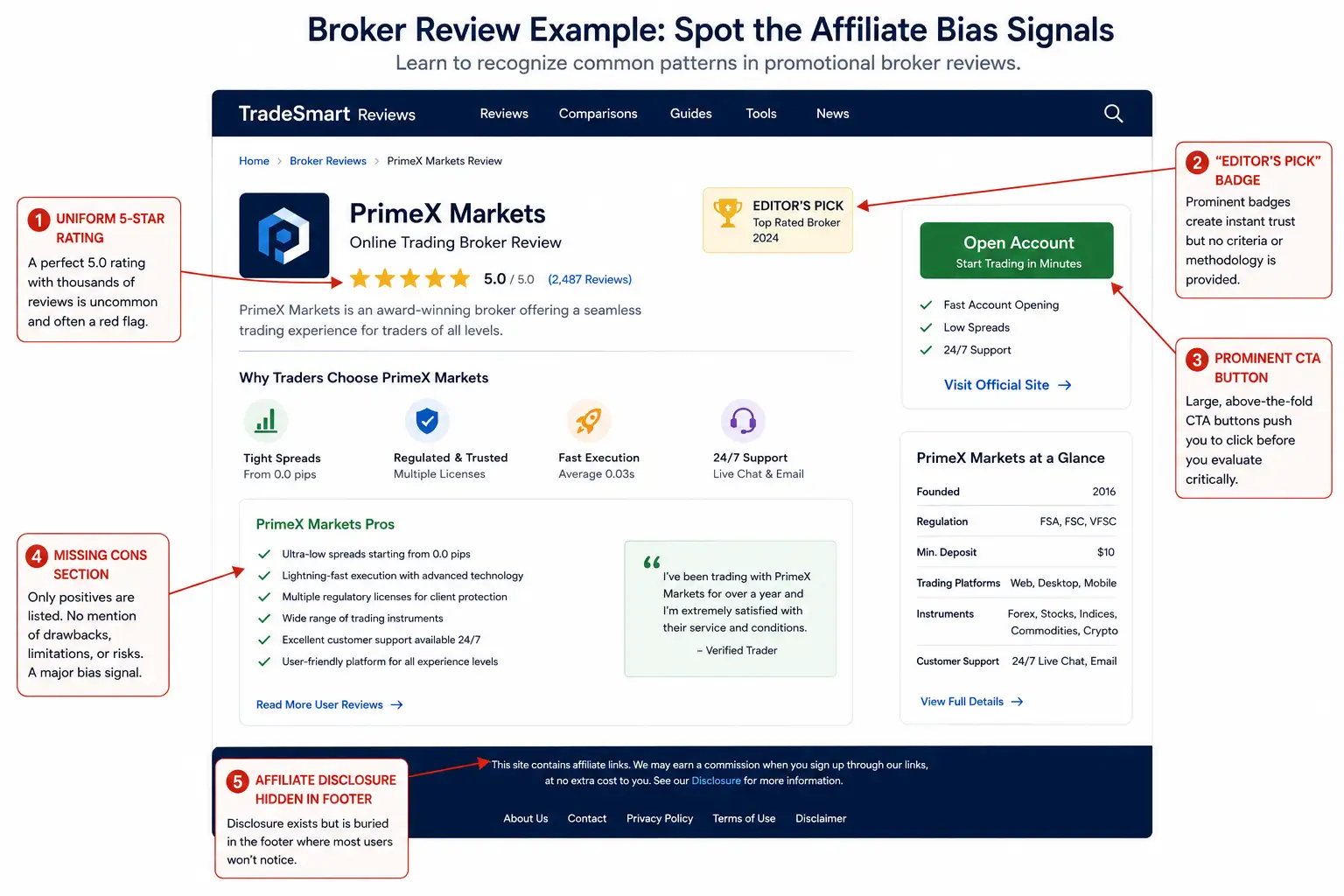 Annotated broker review mock-up showing common affiliate bias signals including hidden disclosures and missing negatives - MonkeyTrade Annotated broker review mock-up showing common affiliate bias signals including hidden disclosures and missing negatives