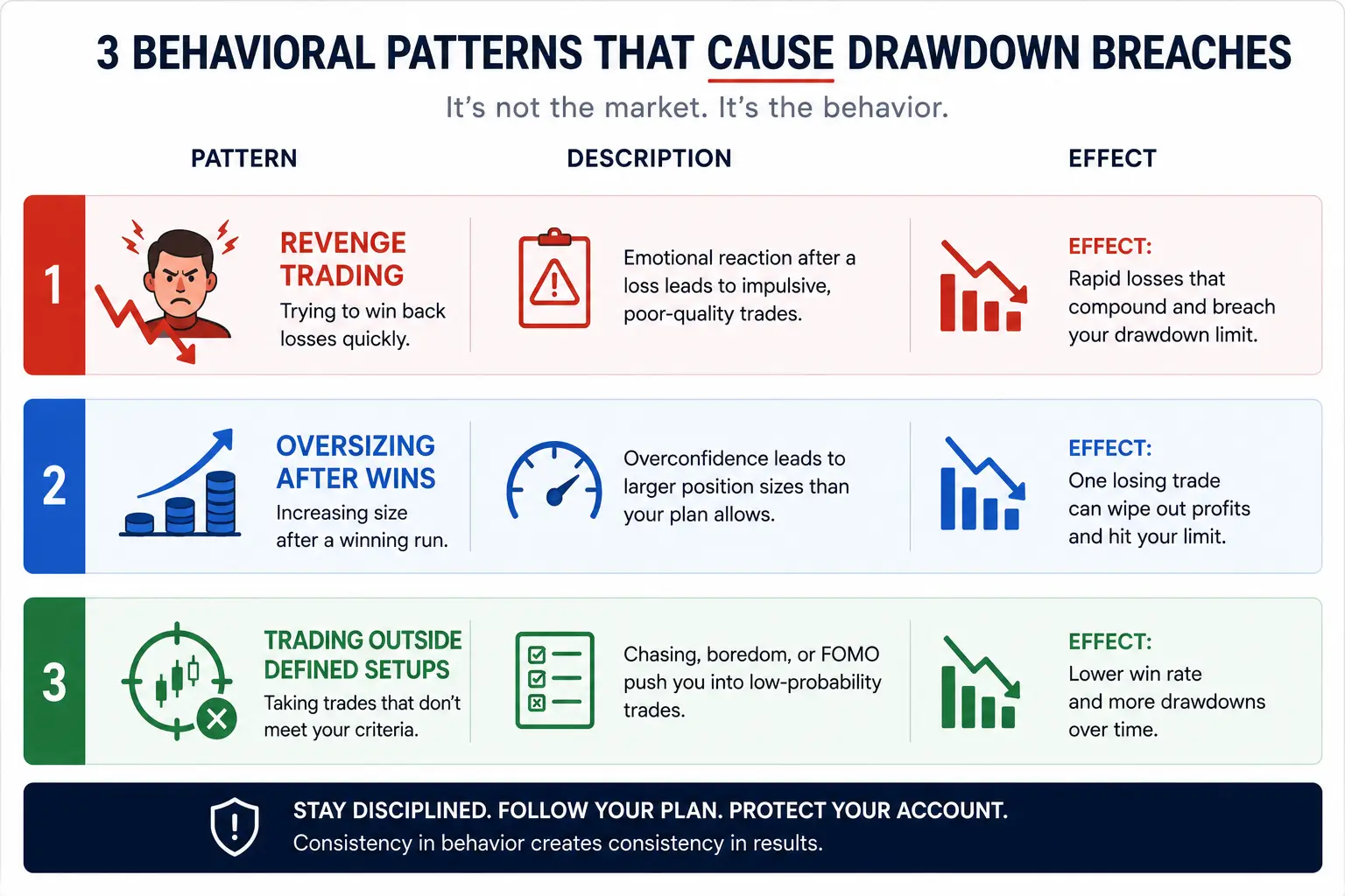 Three behavioral patterns that cause prop firm drawdown breaches illustrated with labels and effects - MonkeyTrade Three behavioral patterns that cause prop firm drawdown breaches illustrated with labels and effects