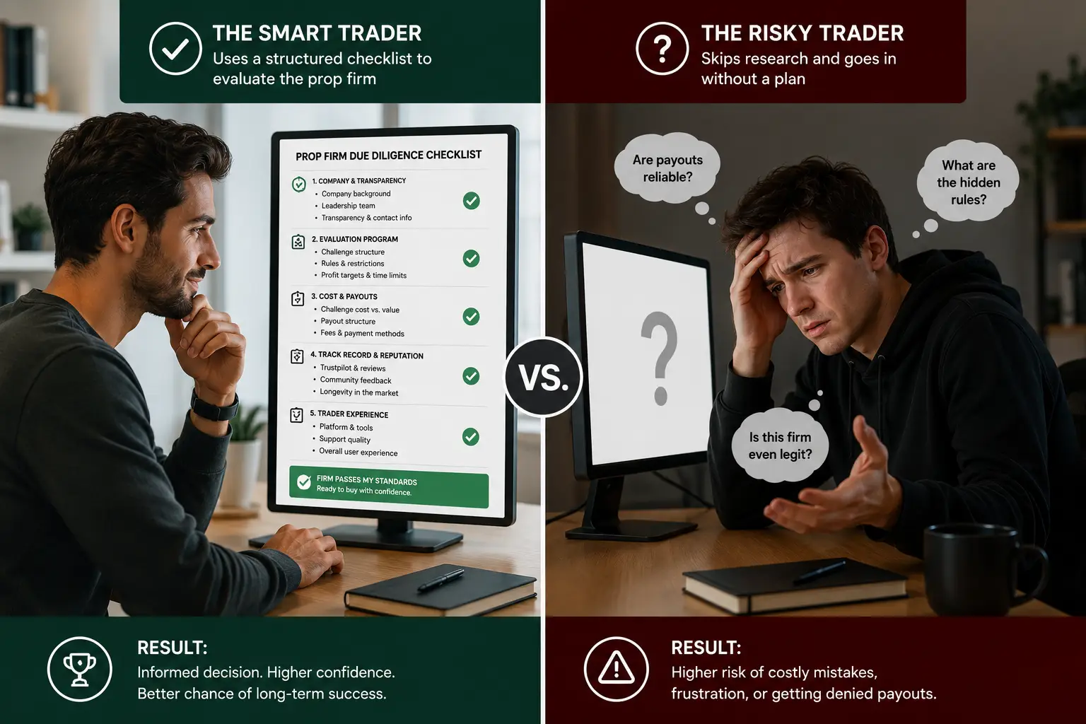 Trader evaluating a prop firm using a structured due diligence checklist before buying a challenge