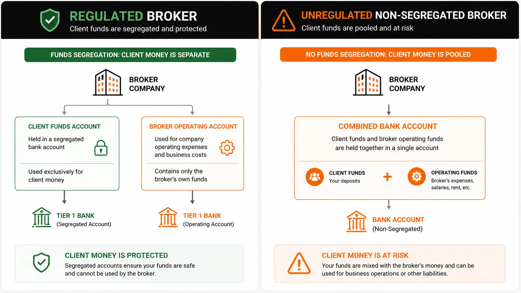 Two-column comparison showing segregated client funds at a regulated broker versus pooled funds at an unregulated broker